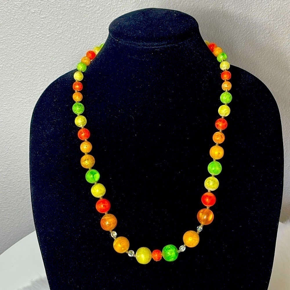 Vintage Fruit Salad Lucite Beaded Necklace Orange Green Mid Century Boho Estate